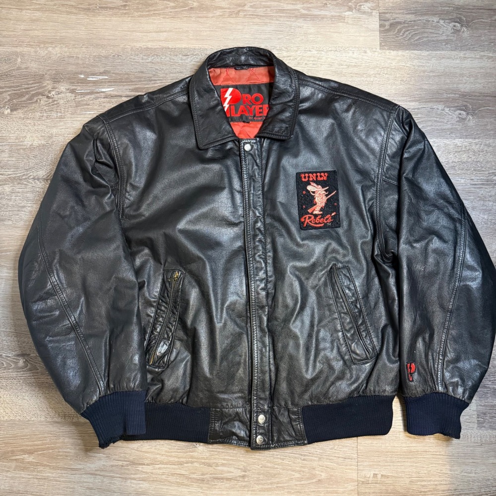 Vintage Pro Player UNLV Rebels Leather Bomber Jacket Mens Large Black NCAA 90s